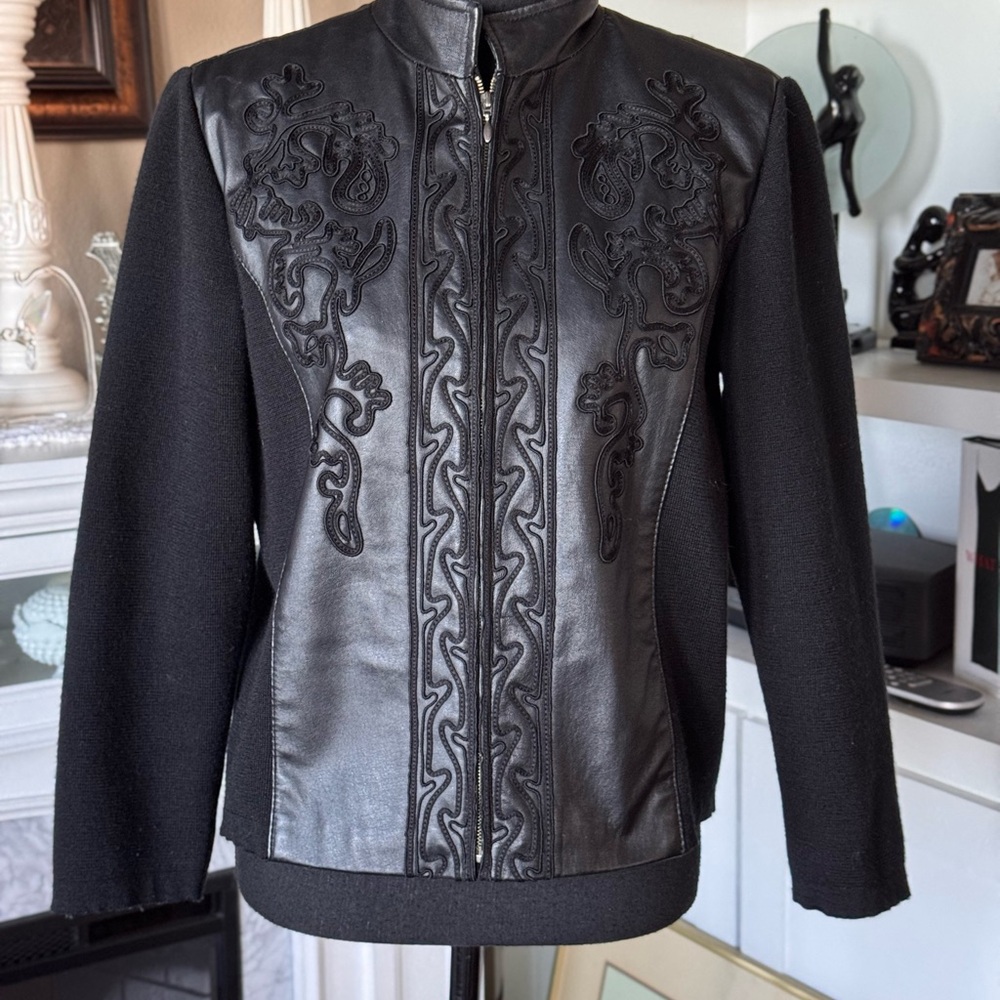 Coldwater Creek Black Leather Jacket with Embroidery‎
